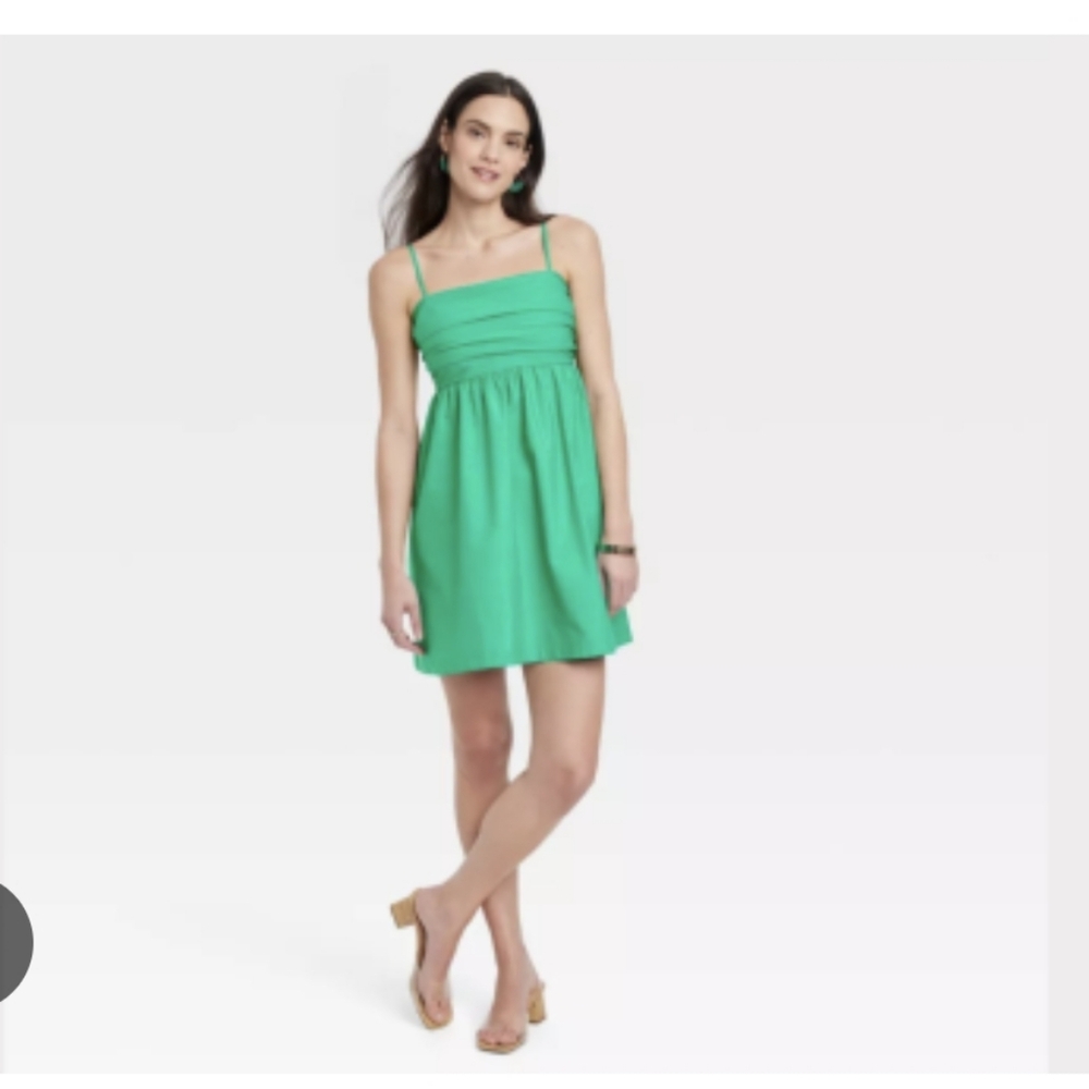 A New Day Women's Ruched Babydoll Dress with Pockets True Green Size XLarge